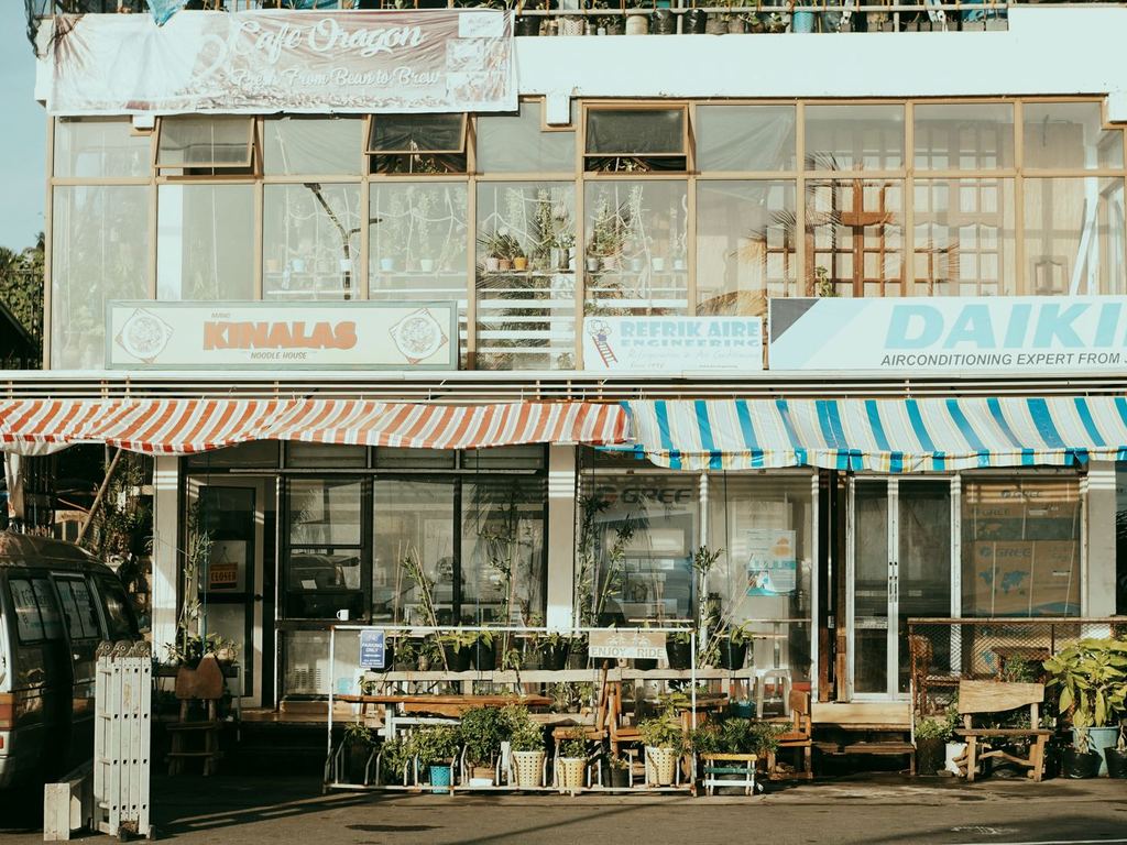 Storefronts with striped awnings