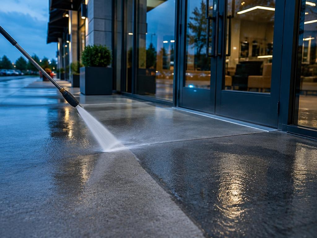 Pressure washing a concrete sidewalk outside a commercial entrance